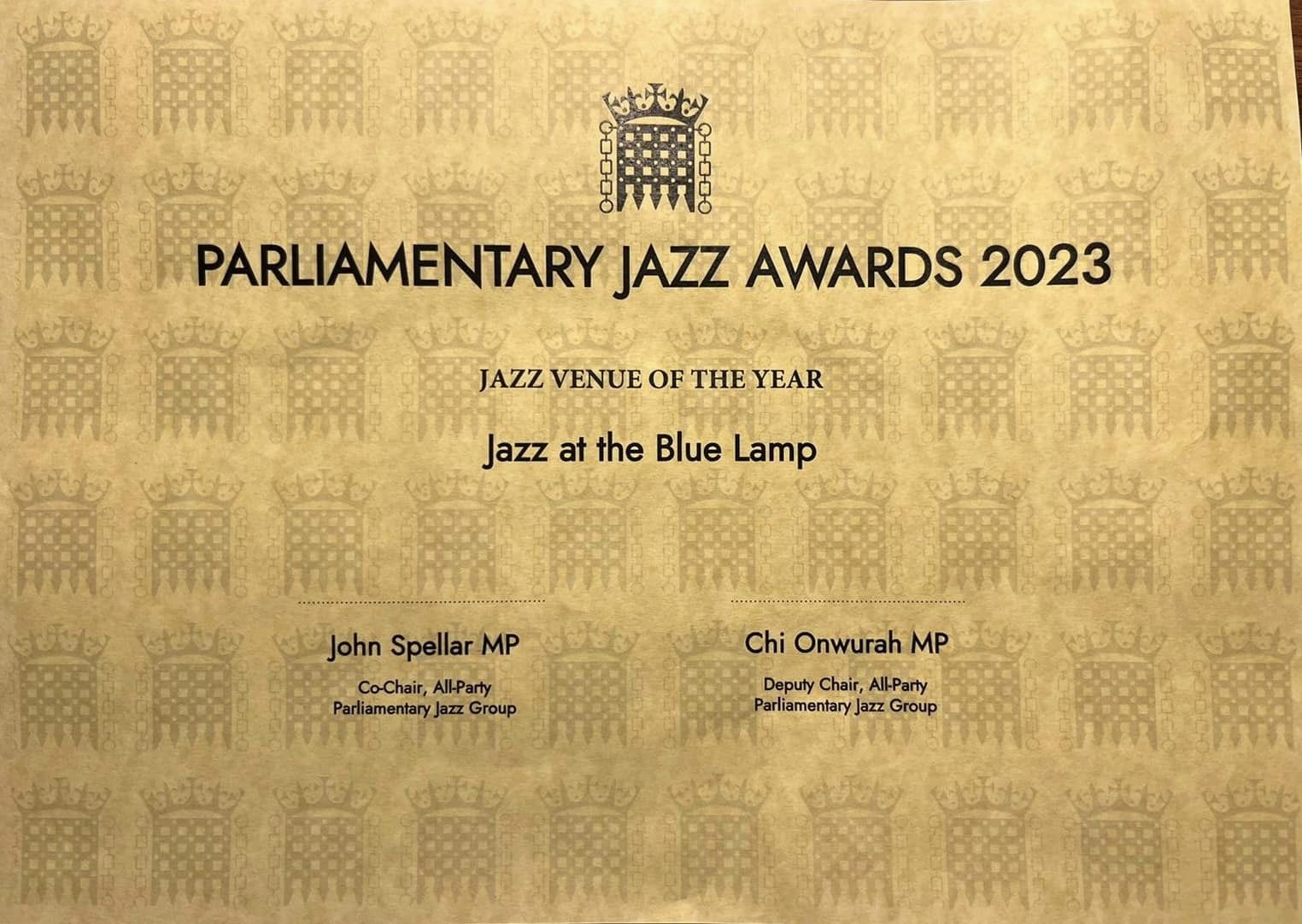 Jazz at the Blue Lamp wins 2023 Parliamentary Jazz Award